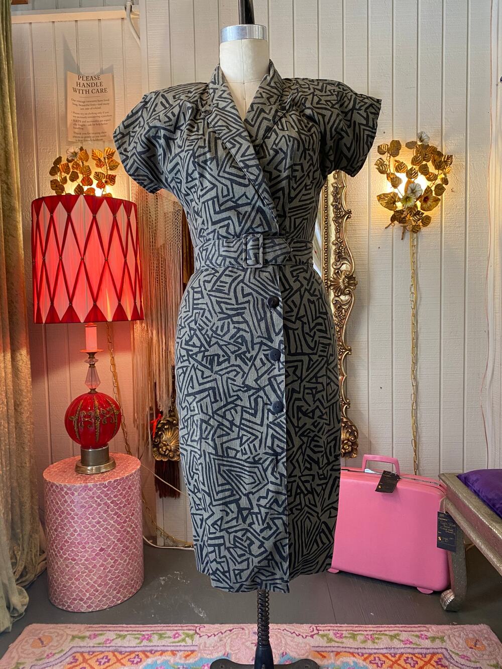 vintage 1980s geometric wiggle dress, army green cotton, zig zag, 1950s style, s